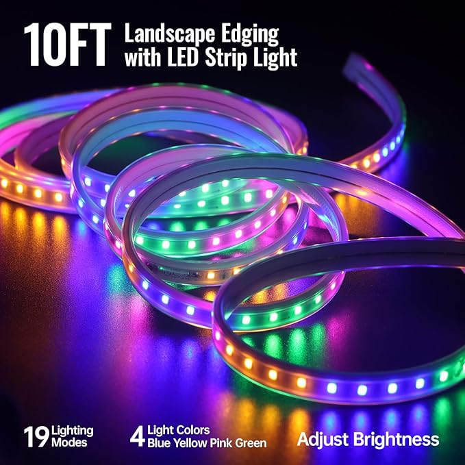 Landscape Edging with Solar String Lights, 10FT, 2in Depth, Metal Stakes & Light Remote, No-Dig Garden Edging with Timer & 19 Light Modes Landscape Border for Curved Straight Beds, Black