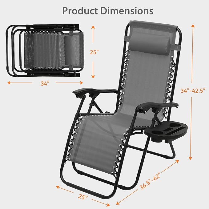 Zero Gravity Chairs, Portable Folding Reclining Lounge Chairs with Adjustable Pillow and Cup Holder Trays for Outdoor, Patio, Beach, Camping, Garden, Poolside, Gray