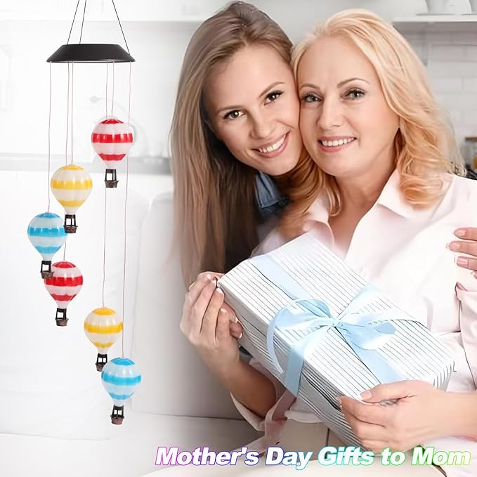 Solar Wind Chimes for Outside, Color Changing Hot Air Balloon Wind Chimes Solar Lights for Outside Garden Outdoor Patio Décor, Mother‘s Day Gifts for Mom Birthday Gifts for Women Grandma Wife Sister