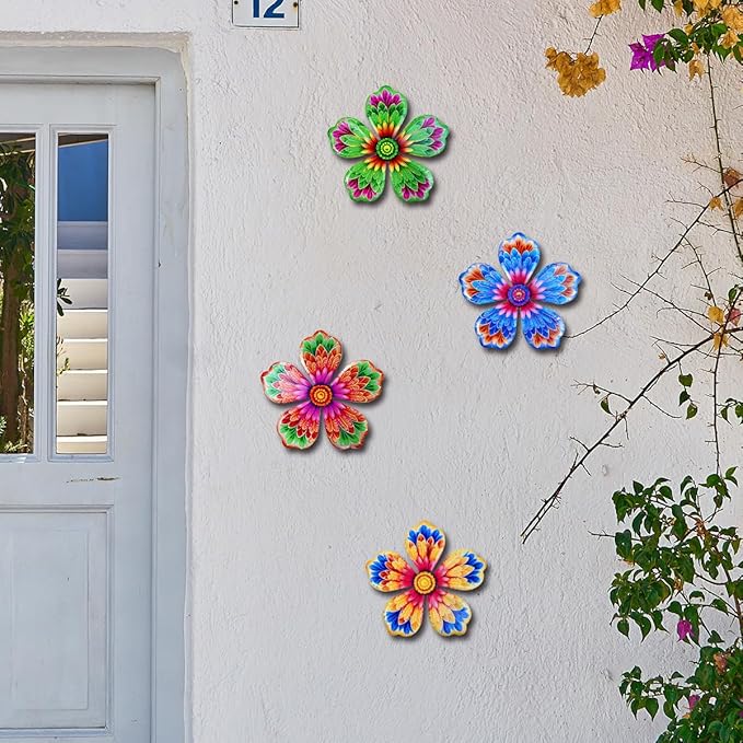 Giyyomtr Metal Flowers Wall Decor - 4pcs 6.2'' Metal Wall Art Hanging Decorations for Outdoor Fence Garden Yard Patio Decor, Gift for Mom Friends