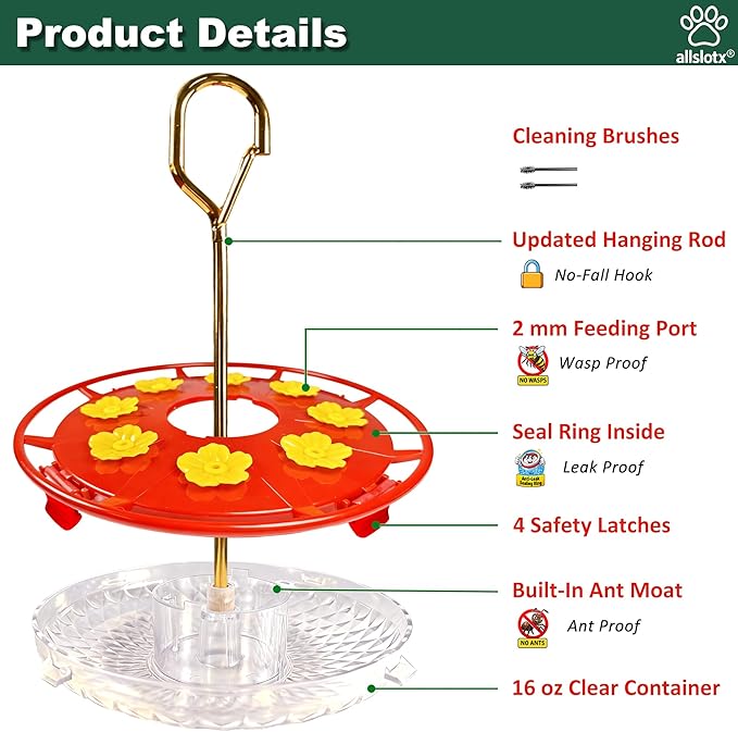 Hummingbird Feeders for Outdoors Hanging - 8 Ports 16 oz Nectar Capacity, Ant Wasp Bee Proof, Leak-Proof with Sealing Ring, Reinforced Hanging Hook, Easy to Clean by Includes Cleaning Brushes
