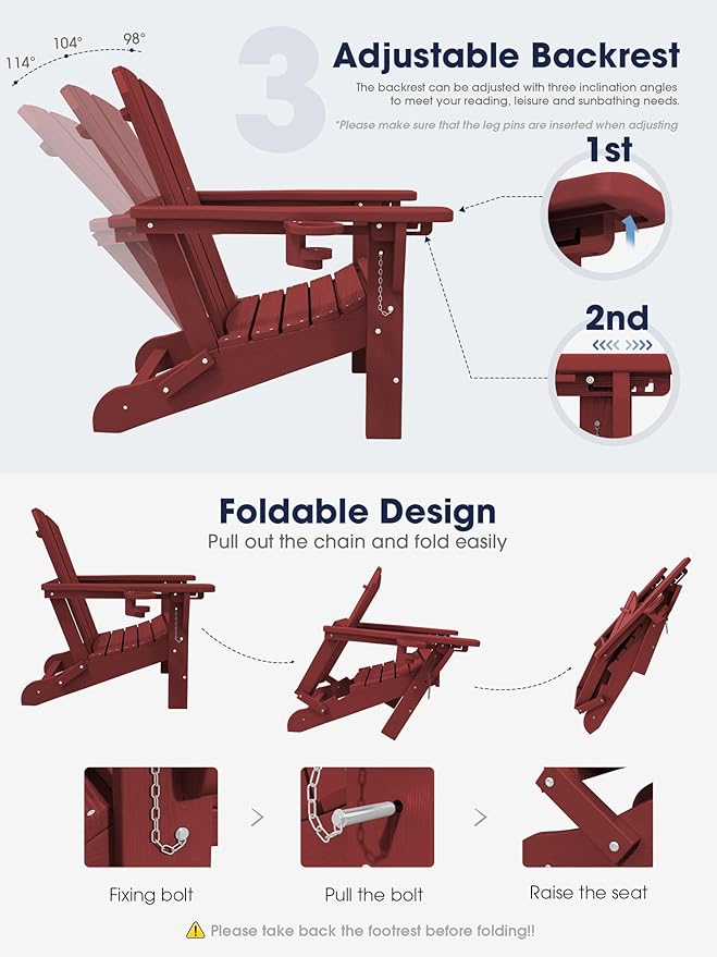 KINGYES Folding Adjustable Adirondack Chair with Ottoman & 2 Cup Holders, HDPE Adirondack Recliner Chair with Footrest, Red