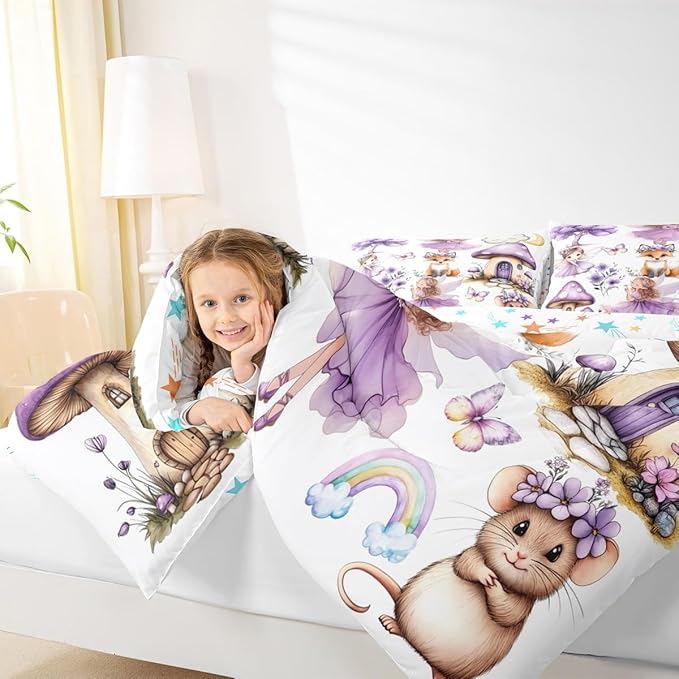 Erosebridal Purple Fairy Queen Comforter Set - Mushroom Floral Butterfly Bedding Sets for Girls Kids, Whimsical Fairies Garden Bed Set | Flower Forest Theme Room Decor with 2 Pillowcases