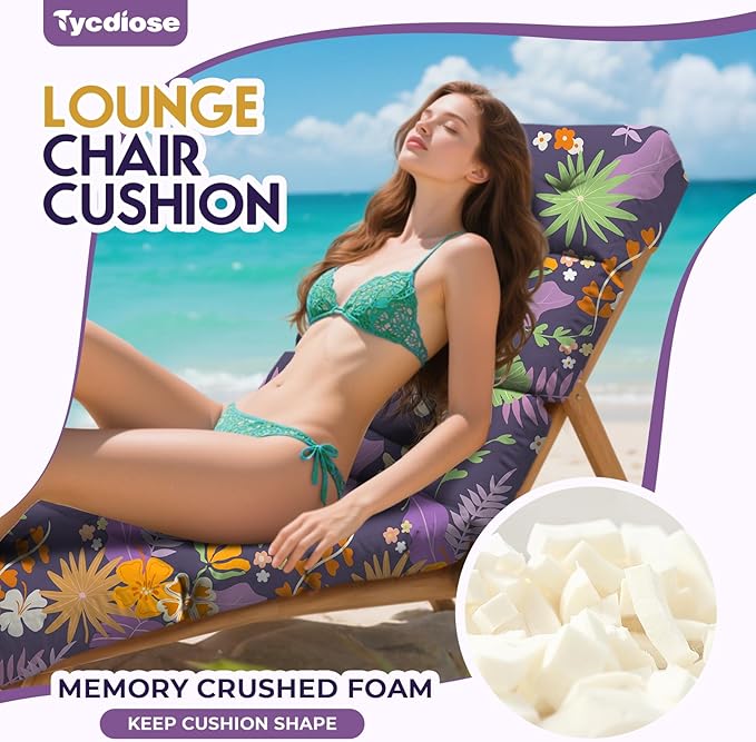 All Weather Chaise Lounge Cushions Outdoor Lounge Chair Cushion, Waterproof Memory Foam Chaise Chair Cushion for Outdoor Patio Furniture with Non-Slip Back and Ties, Purple Floral Leaf
