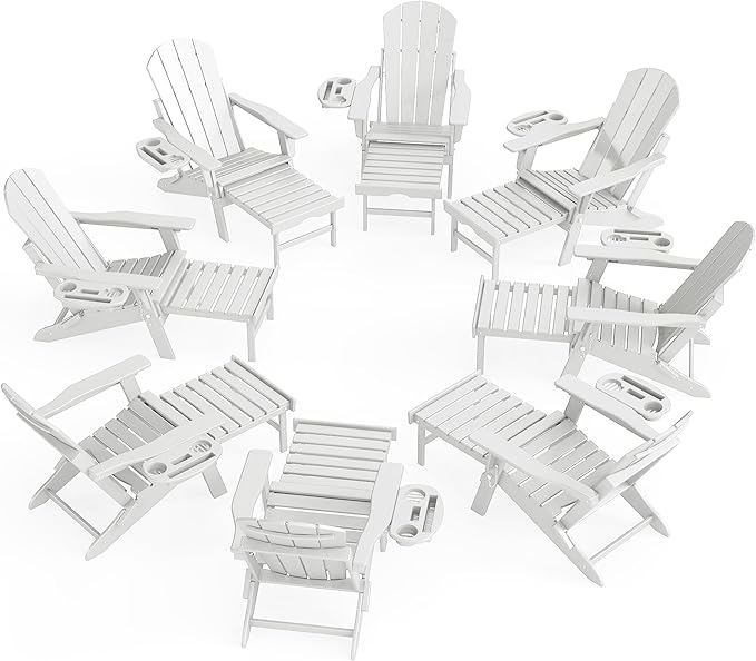 Adjustable Adirondack Chair with Retractable Ottoman Set of 8, HDPE Folding Adirondack Chair with Cup Holder, All Weather Fire Pit Chair for Outdoor.
