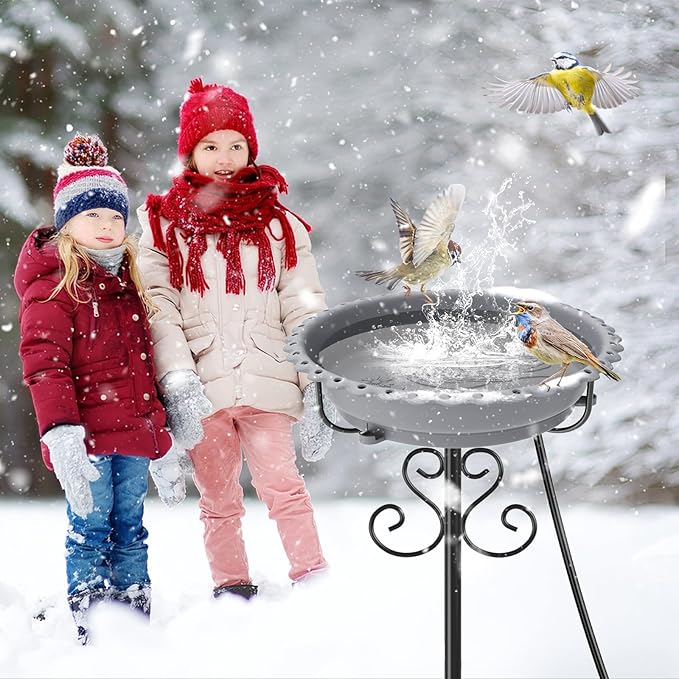 Heated Bird Baths for Outdoors,Upgraded 100W Thermostat Control Heated BirdBaths for Winter with Metal 5 Prong Base Heated Bird Bath for Outside Winter Garden Yard Patio Lawn (Grey)