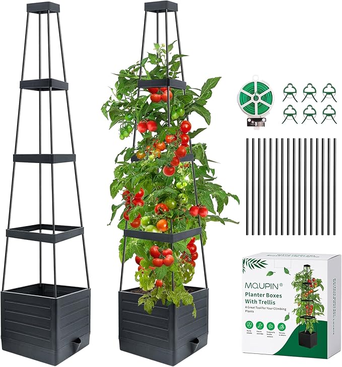 MQUPIN Trellis for Climbing Plants,57in Raised Garden Bed Planter Boxes with Trellis, Tomato Cage Planters for Climbing Plants Vegetable Vine Flowers Outdoor & Indoor/Self-Watering（2Pcs Black）