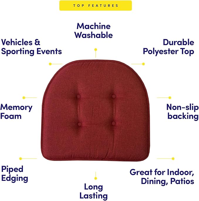 Sweet Home Collection Chair Cushion Memory Foam Pads Tufted Slip Non Skid Rubber Back U-Shaped 17" x 16" Seat Cover, 12 Count (Pack of 1), Wine Burgundy