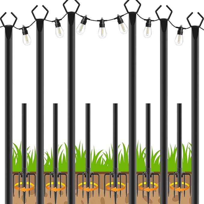 LETIANPAI 10Ft String Light Poles 4 Pack,Light Poles for Outside Lights,Outdoor with Fence Brackets Hanging Lights,Metal Stand Deck Patio Backyard (6 Pack 10FT)