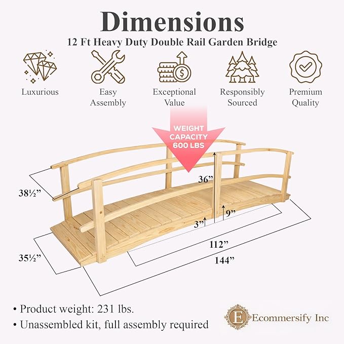12 FT NATURAL Amish Made Garden Bridge with DOUBLE RAILS for Walkway, Backyard Pond & Landscaping, Outdoor Wooden Footbridge for Koi Pond, Japanese Style Decorative Bridge, Made in USA