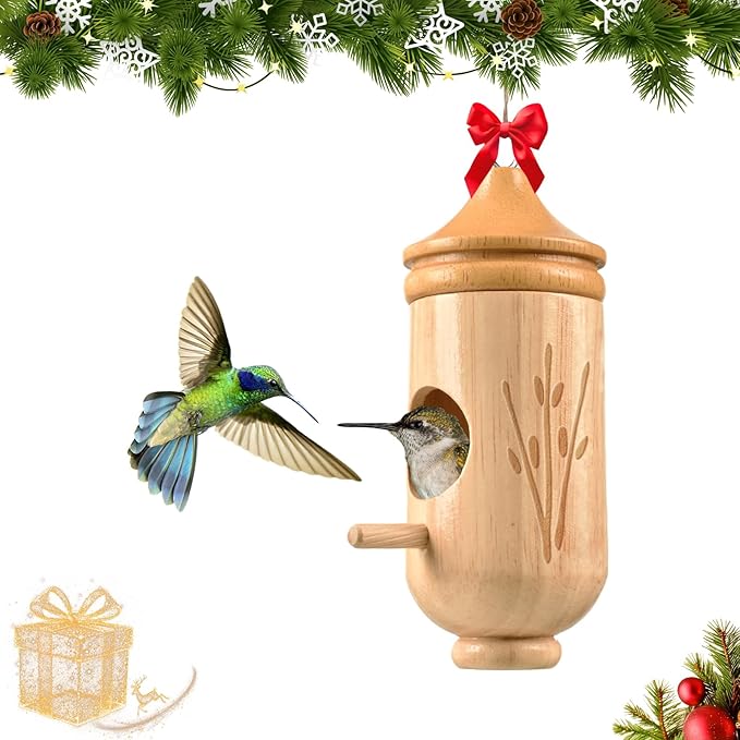 Hummingbird House, Solid Wood Hummingbird Houses for Outside-Exquisitely Handcrafted Birdhouse with Bow and Jute String Hanging Kit, Durable Garden Decor, Perfect Gardening Gift (Style-B, 1 Pack)