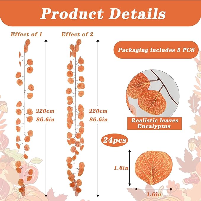 24 Packs Artificial Fall Leaves Garland 172 Ft Fake Vines Fall Eucalyptus Garland Silk Orange Leaf Autumn Ivy for Mantle Table Wall DIY Thanksgiving Wedding Bedroom Birthday Home Outdoor Arch Decor