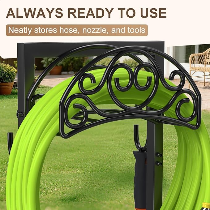 Freestanding Garden Hose Stand, Heavy Duty Water Hose Holder with Tool Hooks, 4 Anchoring Spikes, 150 ft Storage for Yard & Lawn
