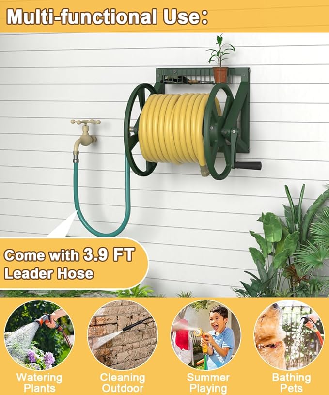Triangle Wall Mounted Garden Hose Reel, Outdoor Heavy-Duty Water Hoses Holder Winder, Holds 125 Ft of 5/8-Inch Hose, with 3.9 ft Leader Hose, Brass Fitting, Storage Basket for Yard, Green