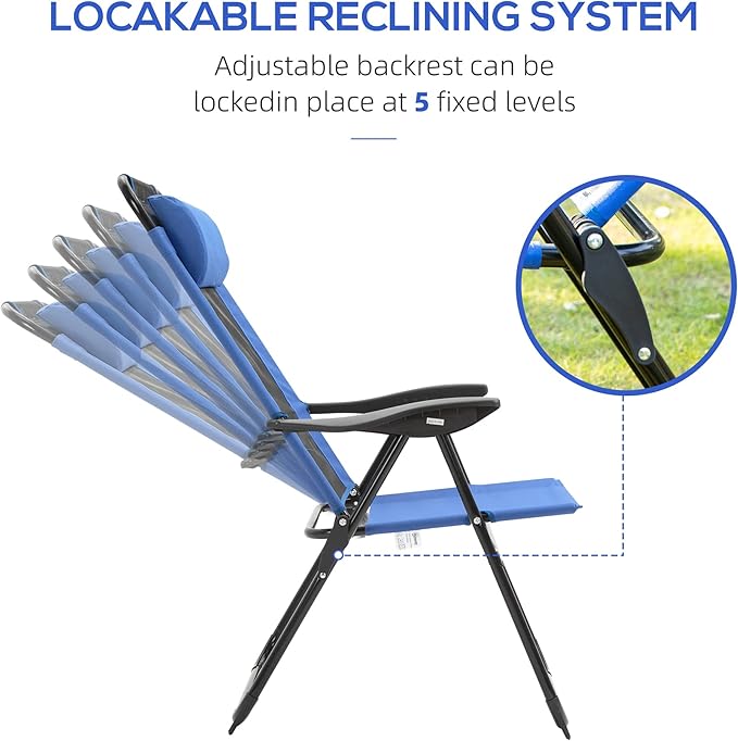 Outsunny Folding Patio Dining Chairs Set of 2, Outdoor Deck Chair with Removable Headrest, Camping Chair with Adjustable Sling Back for Garden, Backyard, Lawn, Blue