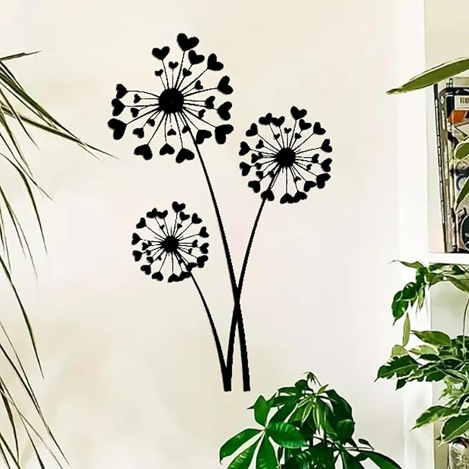 DUOOLN Metal Flowers Wall Art Decor, Minimalism Dandelion Flower Hanging Iron Decoration,Modern Plant Potted Art Sculpture Sign, Home Bedroom Bathroom Outdoor Indoor Kitchen Feature Wall-15.7x9.8in