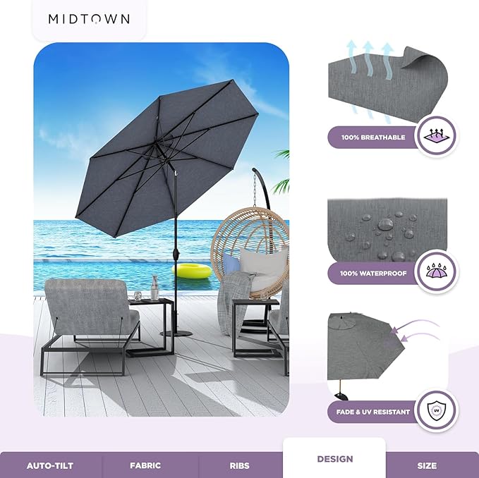 Midtown Umbrellas 10-Year-No-Fade - 8 Ft - UV Proof Heather Grey Polyester Fabric - Umbrella Outdoor Patio, Auto-Tilt Aluminum Frame Patio Umbrella for Garden, Pool & Deck - Black Pole