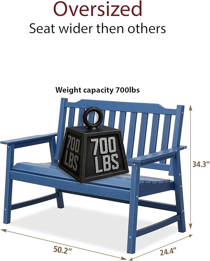 HDPE Outdoor Bench, All-Weather Garden Bench with 700 lbs Weight Capacity, 2-Person Patio Benches for Garden, Porch, Backyard, Park, Navy Blue