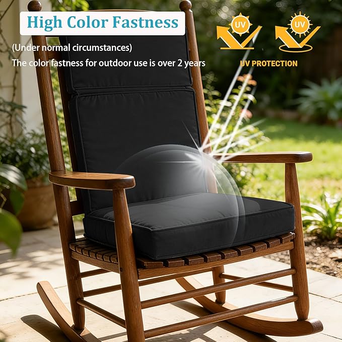 2 Pieces High Back Patio Chair Cushions, Fade Resistant Outdoor Rocking Chair Cushions, Office Chair Back Support Cushion (Black, Seat (21''x21''x3'')+Backrest (21''x28''x3''))