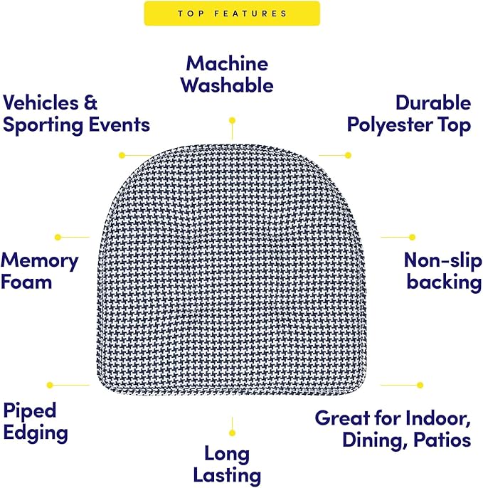 Sweet Home Collection Chair Cushion Memory Foam Pads Tufted Slip Non Skid Rubber Back U-Shaped 17" x 16" Seat Cover, 12 Count (Pack of 1), Houndsooth Navy