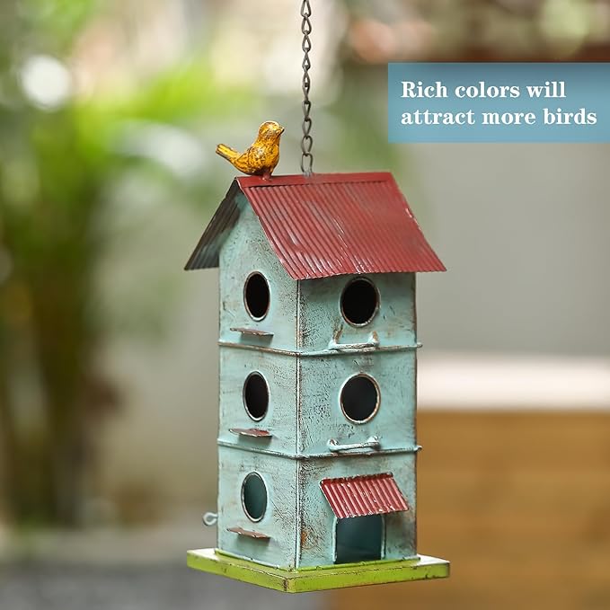 Metal Bird Houses for Outside, 6 Hole Bird Houses for Outside Hanging, Sky Blue Birdhouses for Outdoors Clearance Suitable for Garden Patio Backyard.
