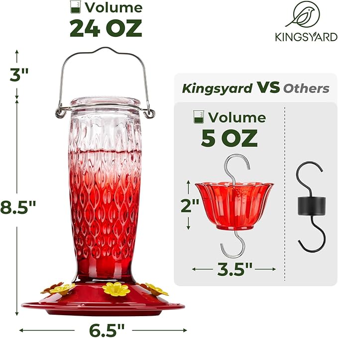 Kingsyard 2 Pack Glass Hummingbird Feeders for Outdoors Hanging, Wild Bird Nectar Feeder with 6 Feeding Ports, 24 oz Leak-Proof, Red Gradient (Ant Moat Included)