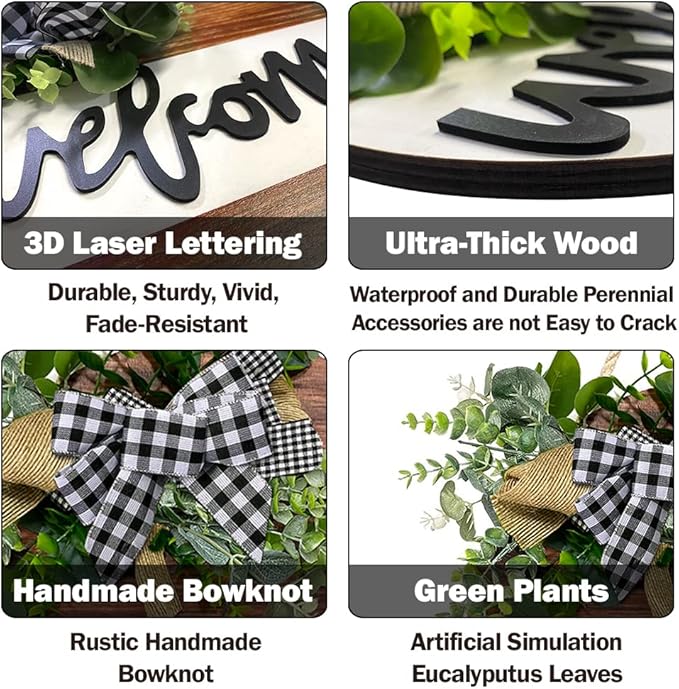 Welcome Sign for Front Door, Front Door Decor for Farmhouse Porch, Rustic Welcome Wreaths with Stapled Greenery, Round Wooden Hanging Sign Housewarming Gift for Home Outdoor Indoor