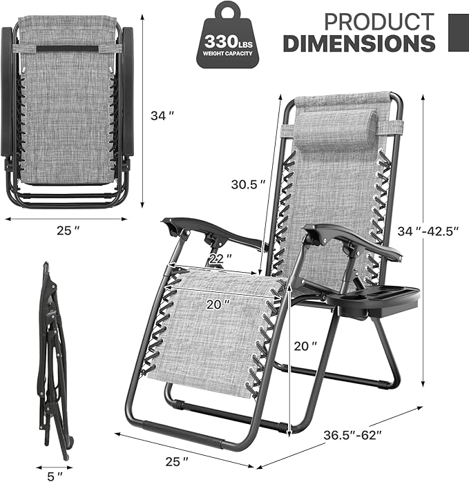 Magshion Zero Gravity Lounge Chairs Set of 2, Outdoor Patio Reclining Chair with Side Tray, Adjustable Anti-Gravity Recliners with Pillow Headrest, Folding Lounger for Lawn Camping Beach, Dark Grey