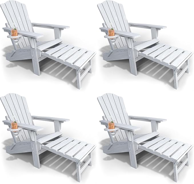 Folding Adjustable Adirondack Chairs with Ottoman & 1 Cup Holders Set of 4, HDEP Multifunctional Adirondack Chair with Footrest,White