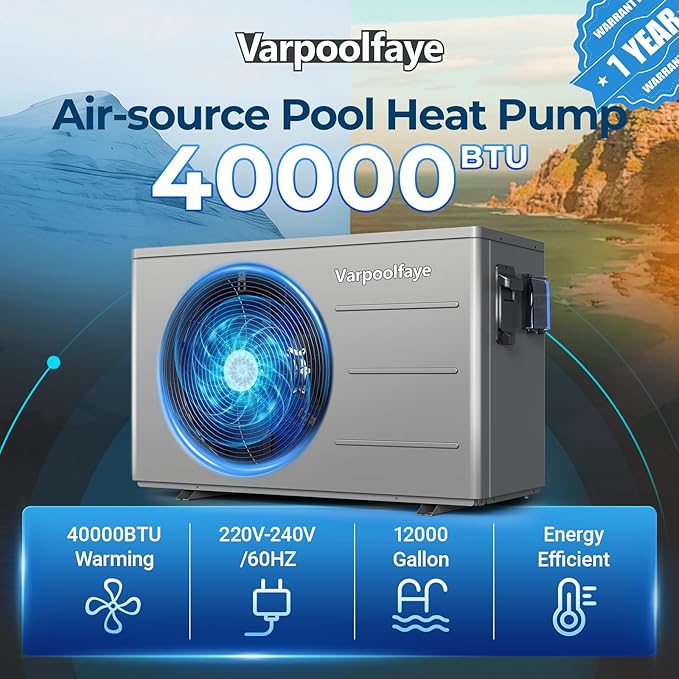 40000 BTU Electric Pool Heater For Inground Pools 12000 Gallon Swimming Pool Heat Pump Above Ground Pool Heater Heating Cooling WiFi Control Schedule 220V