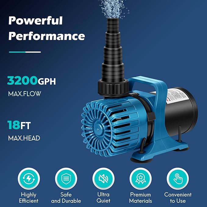 150W 3200 GPH Pond Pump for Outdoor Ponds with 180° Adjustable Outlet, 20FT Power Cord & Barrier Bag, Ultra-Quiet Fountain Pump, Waterfall Pump, UL Listed