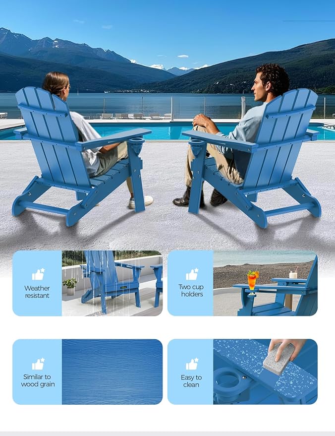 Folding Adirondack Chair, Wooden Textured Plastic Adirondack Chairs with 2 Cup Holder, Weather Resistant HDPE Fire Pit Chair, Outdoor Patio Chairs for Garden, Backyard, Lawn, Deck, 380LBS, Blue