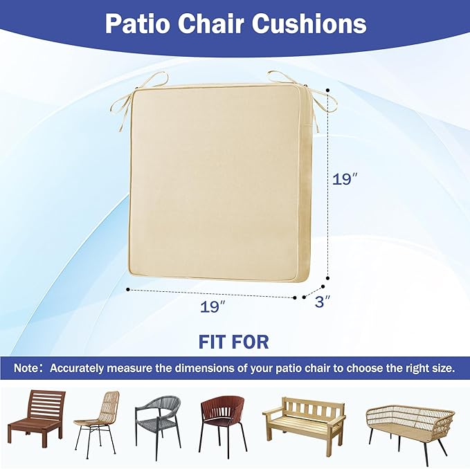 Patio Chair Cushions, 19" x 19" x 3" Outdoor Chair Cushions Set of 4, Waterproof Outdoor Cushions for Patio Furniture, Outdoors Seat Cushions Set of 4 with Handle and Ties, Light Khaki