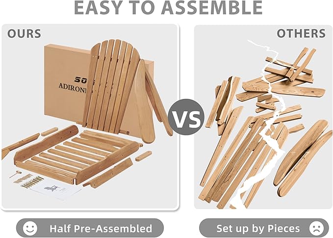 SoliWood Outdoor Wooden Folding Adirondack Chair Set of 6 with Pre-Assembled BackRest, Wood Patio Chair for Garden Backyard Porch Pool Deck Firepit