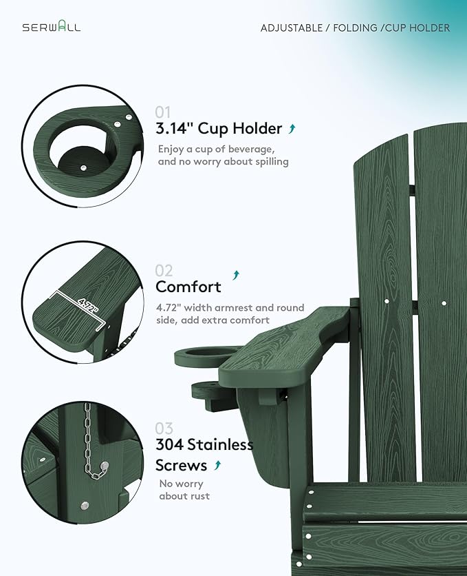 SERWALL Folding Adirondack Chair Set of 2, Reclining Adirondack Chair with 3 Recline Positions, All Weather HDPE Outdoor Adirondack, Green