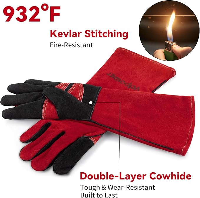 Welding Gloves 16 Inches 932°F Extreme Heat Fire Resistant Leather Forge Gloves for Mig, Tig, Stick, BBQ, Fireplace, Wood Stove, Furnace, Animal Handling, Handling Dry Ice - Safety Work XL