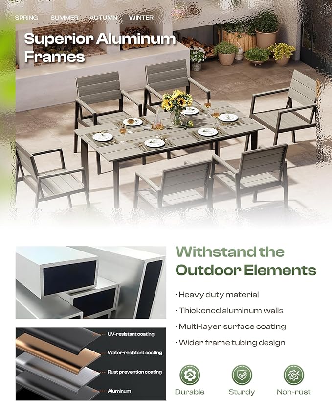 Outdoor Dining Set for 6, Aluminum Patio Table and Chairs Set with Umbrella Hole, 7 Pieces HDPS Outdoor Furniture Sets for Patio, Garden (Gray)