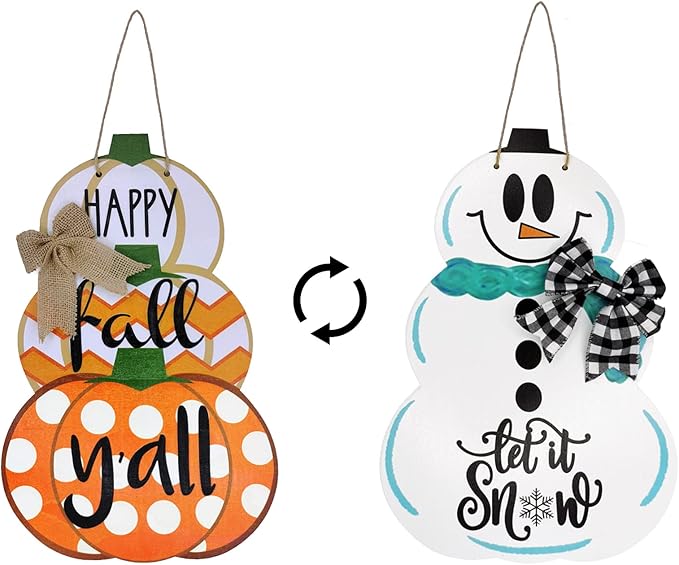 Fall Door Sign Reversible Pumpkin Snowman Wood Door Hanger Happy Fall Y'all Let It Snow Autumn Winter Front Door Porch Wreath Decorations