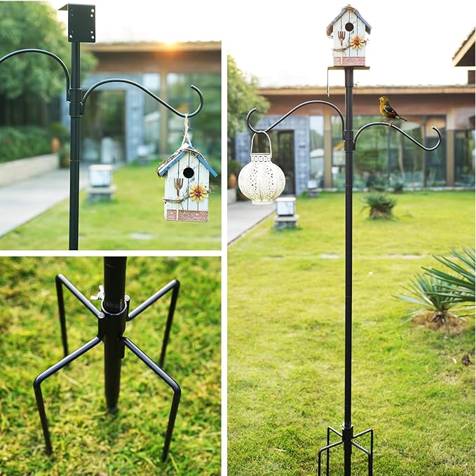 Bird House Pole Kit 80inch - Universal Metal Bird Feeders Pole Mount Set with 5-Prongs Base and 2 Hanging Arms, Feeding Station for Watching, Plant Hanger