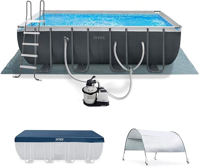 Intex 18 Foot by 52 Inch Ultra XTR Framed Above Ground Swimming Pool Set with Sand Filter Pump, Pool Cover and Ladder, Canopy, and Ground Cloth, Gray