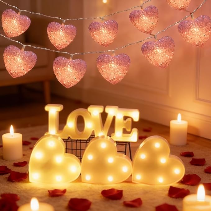 Valentines Heart Decoration Lights, 9.8 Ft Valentine String Lights Battery Operated 20 LED Pink Shining Love Shape Lights , Valentines Heart Light for Indoor Outdoor Wedding Bedroom Valentine Decor