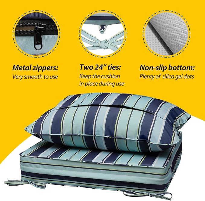 AAAAAcessories Outdoor Seat Cushions for Chairs, Fade-Resistant, Waterproof Patio Furniture Replacement Cushions, 22" x 22" x 3" + 22" x 17", Ash Teal Seaside Stripe