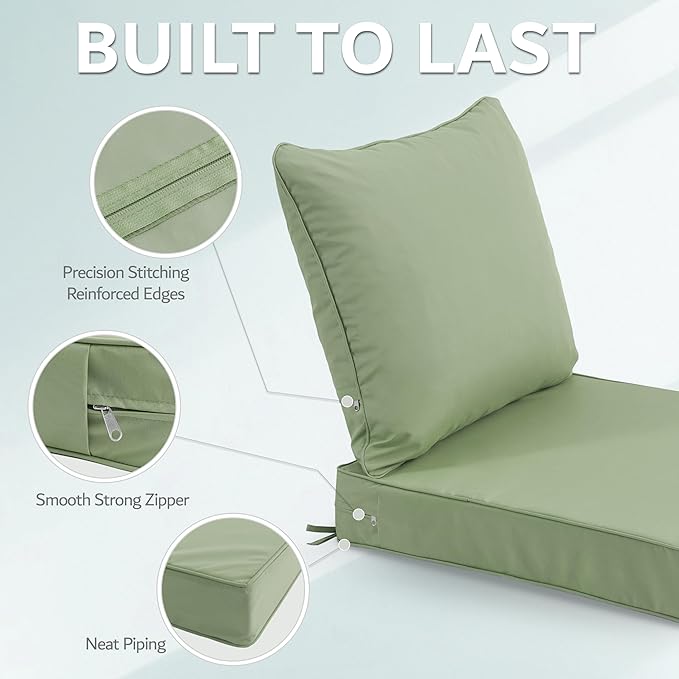 24x24 Inch Outdoor Chair Cushions Set of 2, Patio Furniture Cushions - Removable Cover, Water-Repellent, Fade-Resistant, Non-Slip Bottom & Straps, Replacement for Deep Seat Sofa & Couch - Sage Green