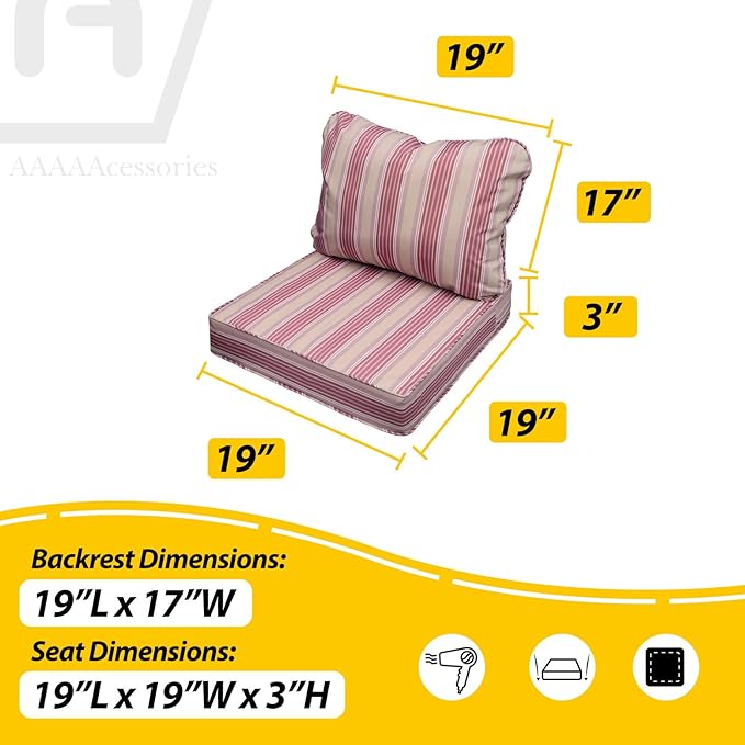 AAAAAcessories Outdoor Seat Cushions for Chairs, Fade-Resistant, Waterproof Patio Furniture Replacement Cushions, 19" x 19" x 3" + 19" x 17", Dusty Rose Garden Stripe