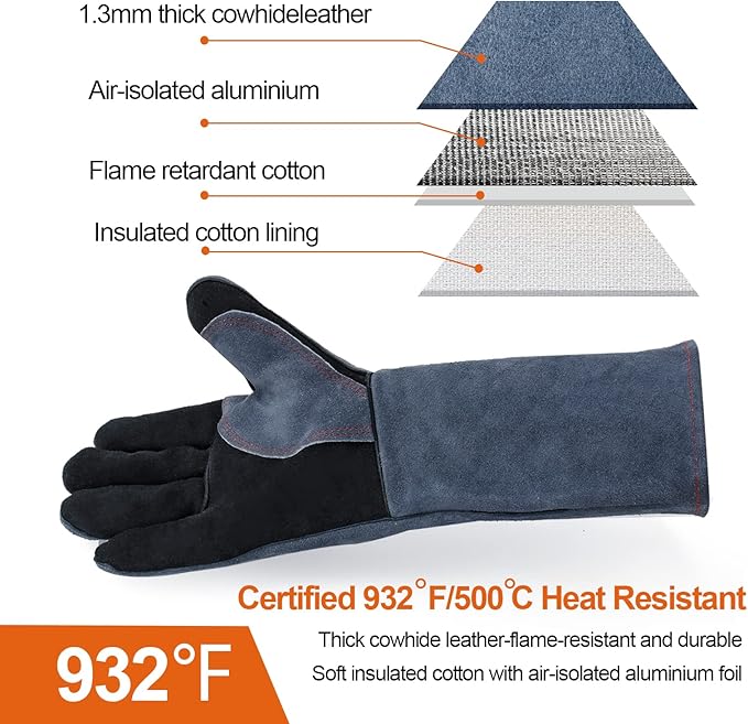 HITBOX Extreme Heat & Fire Resistant Gloves with Kevlar Stitching 16 ‘’ 932℉ Leather Fire Gloves for Arc Tig Mig Wood Stove Oven BBQ Grill Pot Holder Barking Animal Handling – Free Size for Men Women