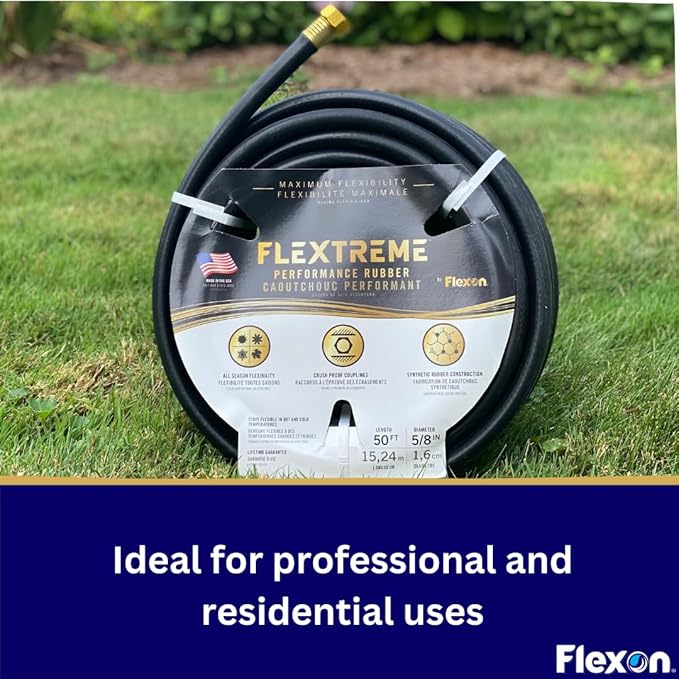 Flexon Flextreme 5/8" x 50ft Black Synthetic Performance Rubber Garden Hose – Lightweight, All-Weather Flexibility, Heavy-Duty, Kink-Resistant, Solid Brass Couplings, Watering Hose for Lawn & Garden