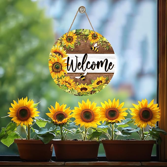 Welcome Spring Summer Sunflower Front Door Sign, Flower Bumble Bee Wood Door Hanger Outdoor Outside Porch Decor, Floral Honey Farmhouse Wooden Wreath Indoor Wall Hanging Decoration