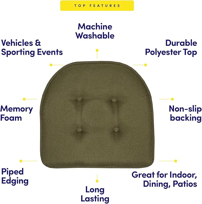 Sweet Home Collection Chair Cushion Memory Foam Pads Tufted Slip Non Skid Rubber Back U-Shaped 17" x 16" Seat Cover, Army Green 6 Count