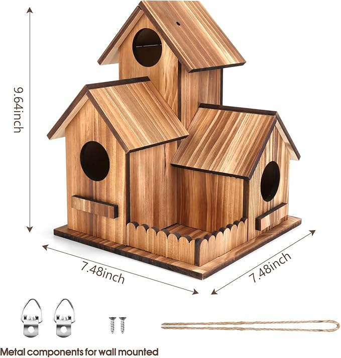 Bird Houses for Outside, Outdoor 3-Hole Large Birdhouse Bird Feeder for Bluebirds, Finches, Cardinals and Yellow Finches, Wooden Hanging Edible Wild Bird Nest Garden Decorative