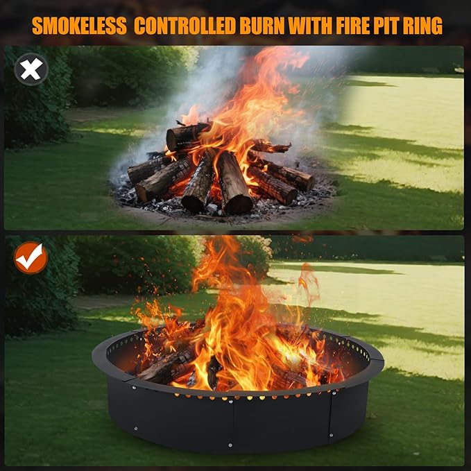 Smokeless Fire Pit Ring for Outside, 36 Inch Heavy Duty Metal Insert with Air Vents for Better Burn, Outdoor Firepit Ring for Backyard, Patio, Camping, Smokeless Wood Burning Use